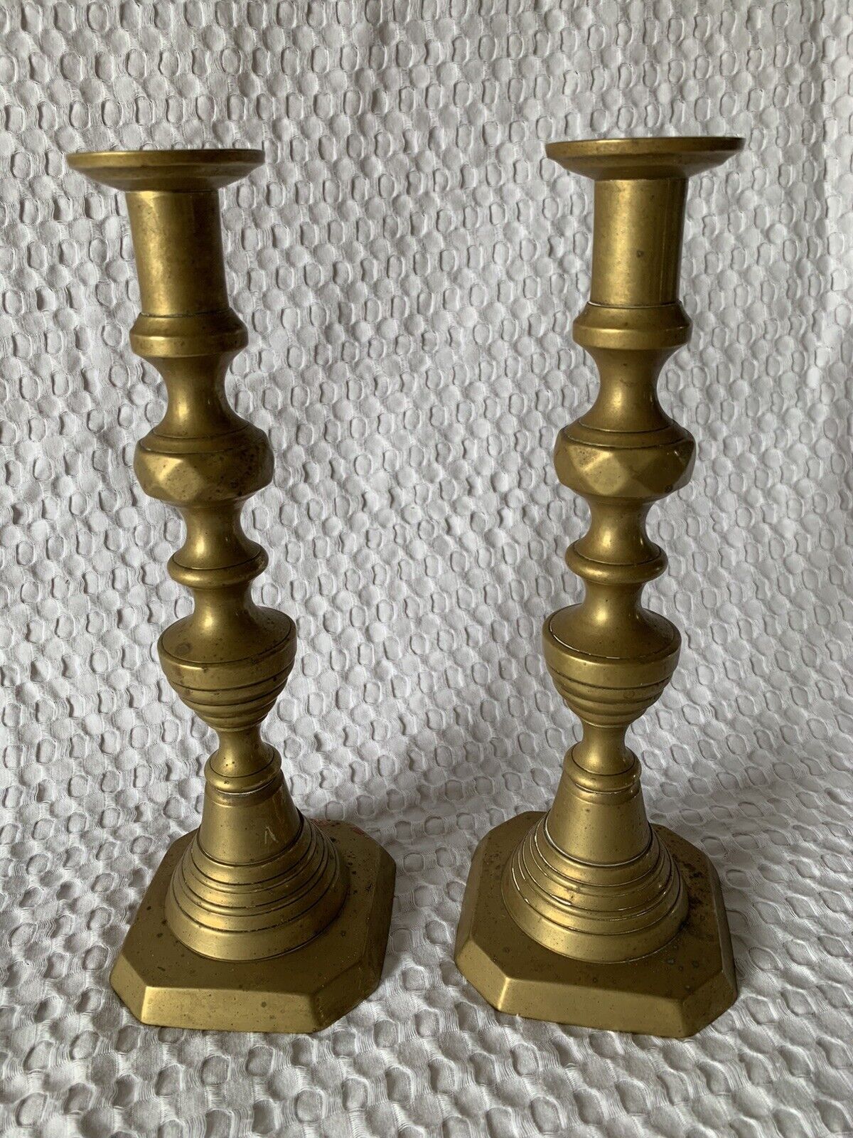 Antique Pair 19th Century Brass Push Up Candlesticks Rare Candle Holder Pillars