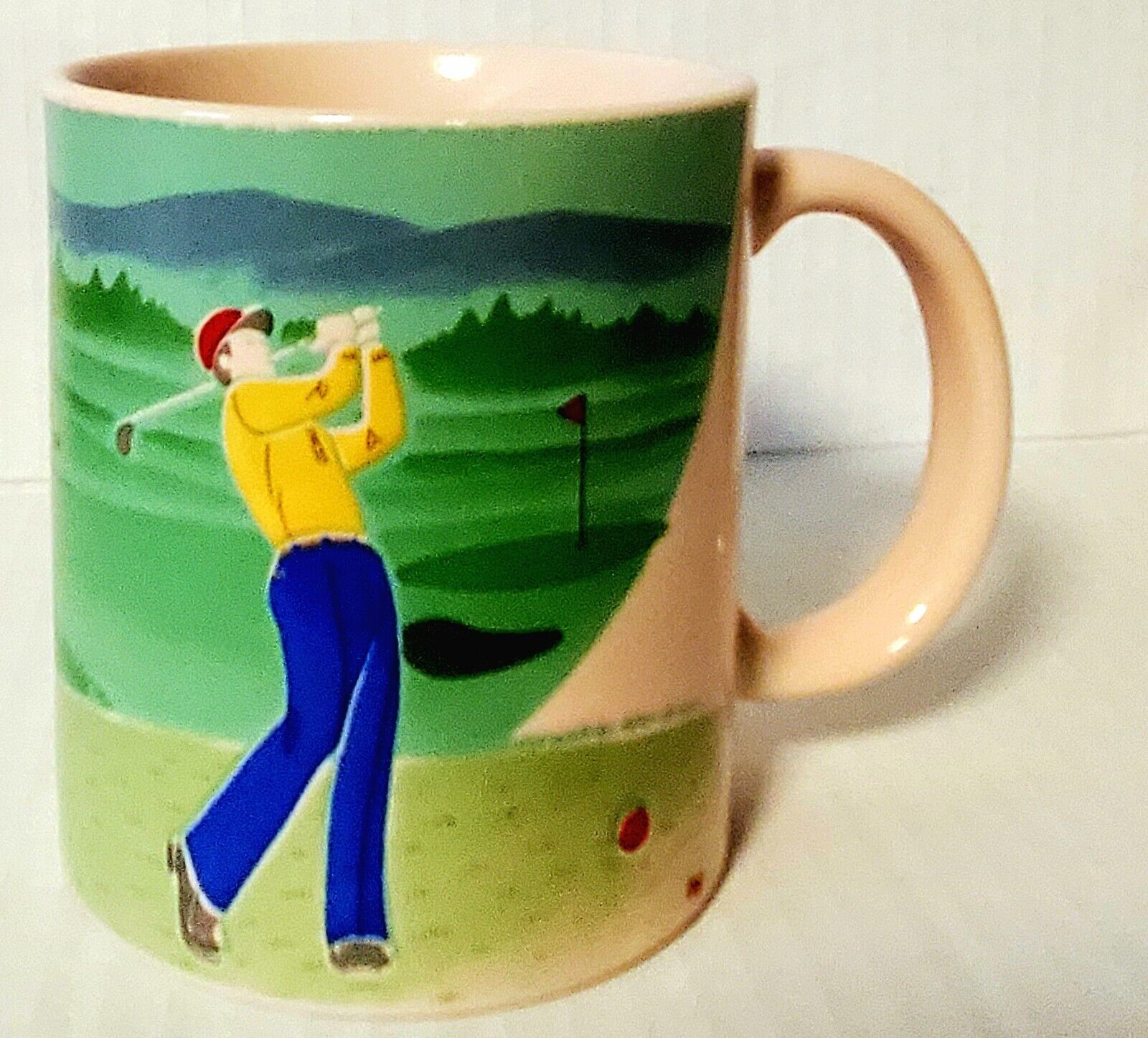 Vintage Wellington Mug Man Golfing Retro Mountain Color Raised Design Made Japan