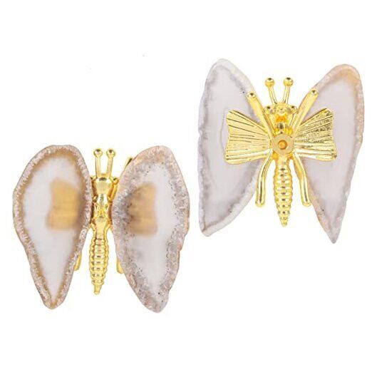  Set of 2 Agate Slice Butterfly Figurine, Crystal Stone Butterfly Natural Color