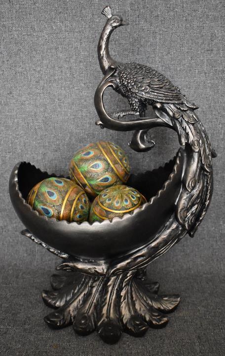 STUNNING AND DRAMATIC DESIGN TOSCANO LARGE BRONZE FINISHED PEACOCK BOWL ORIG TAG