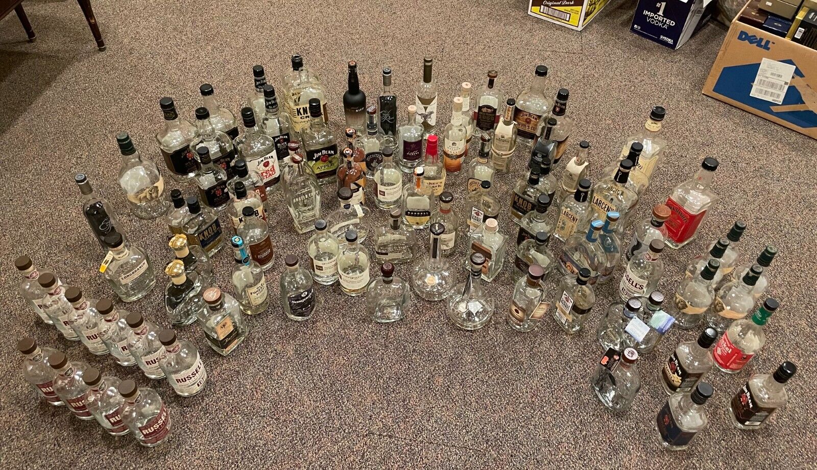 HUGE lot of EMPTY bourbon rye vodka rum whiskey tequila liquor bottles decanters