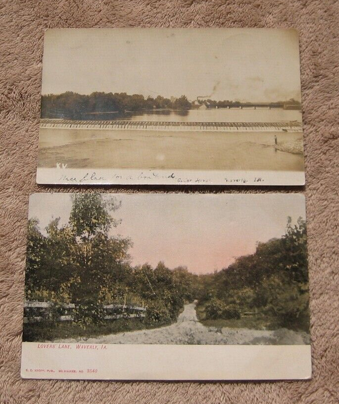 Waverly  IA Iowa RPPC Cedar River Dam 1908 Real Photo Postcard & Lovers Lane