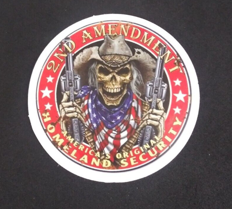 2nd Amendment Skeleton Cowboy With Guns Retro Cars Sticker 2 3/8\