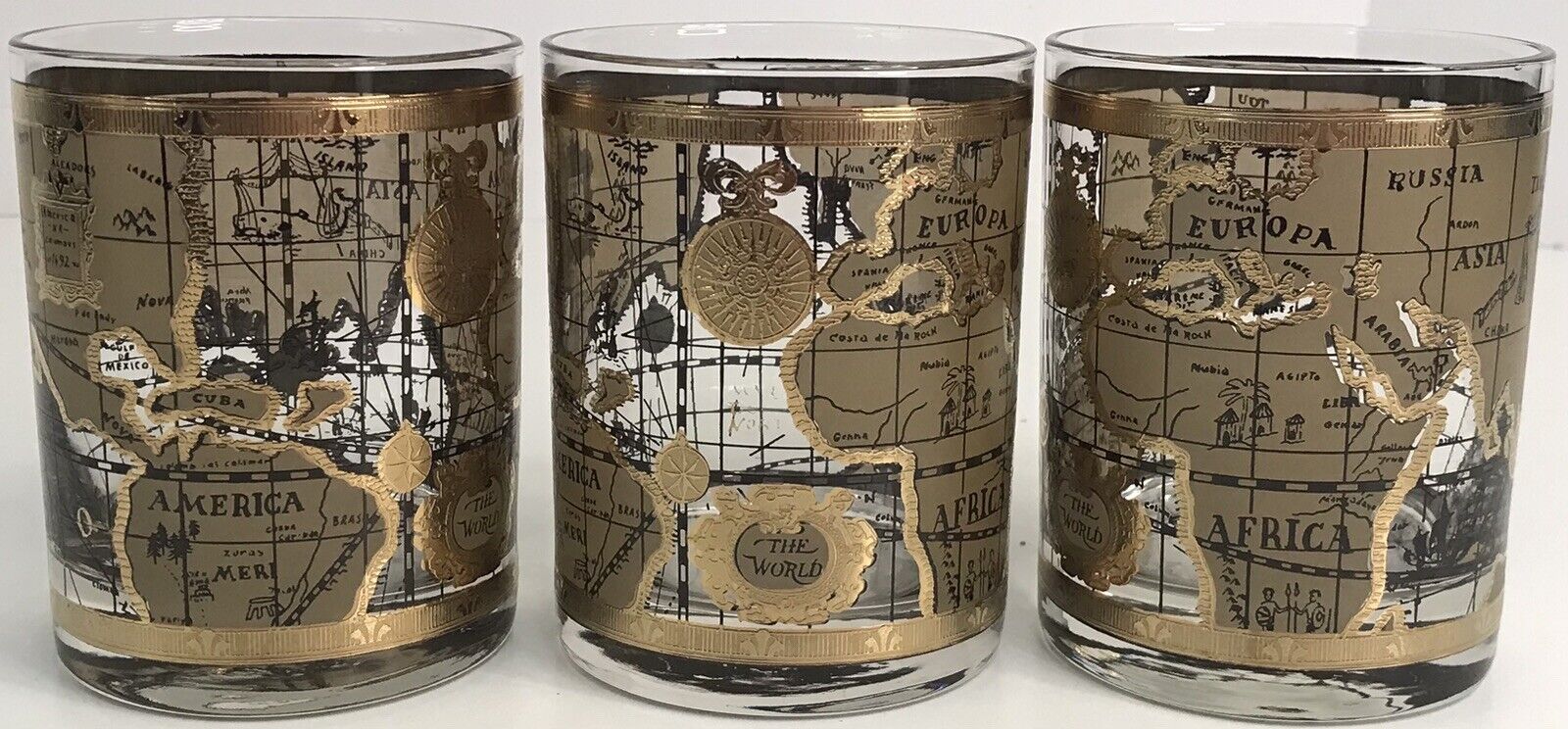 3 VTG Cera Old Fashioned World Map Atlas 22k Gold Lowball Bourbon Glasses *READ