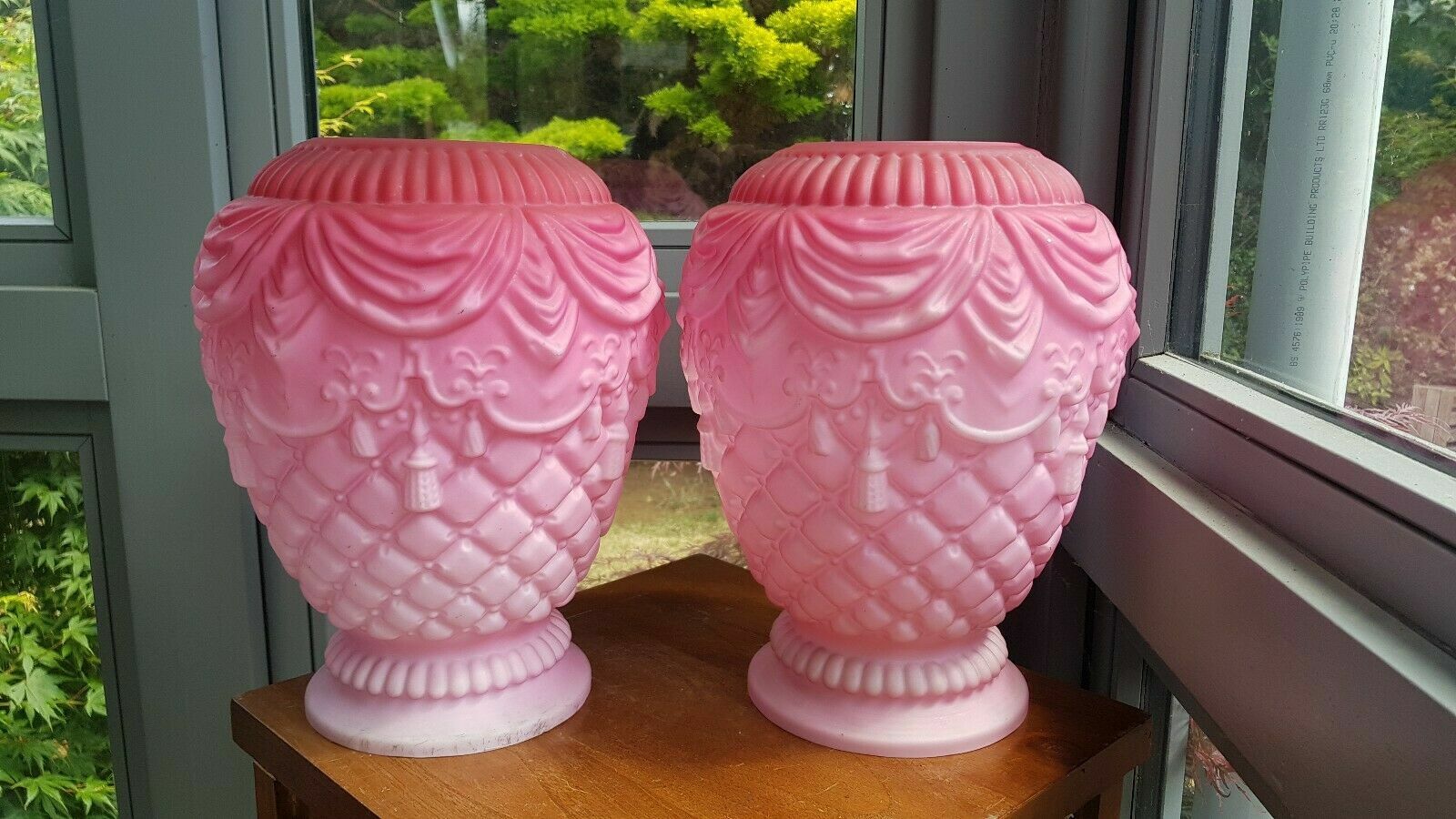 RARE Pair Antique Cranberry Pink Triple Cased Glass Heater Oil Lamp Shades 6\
