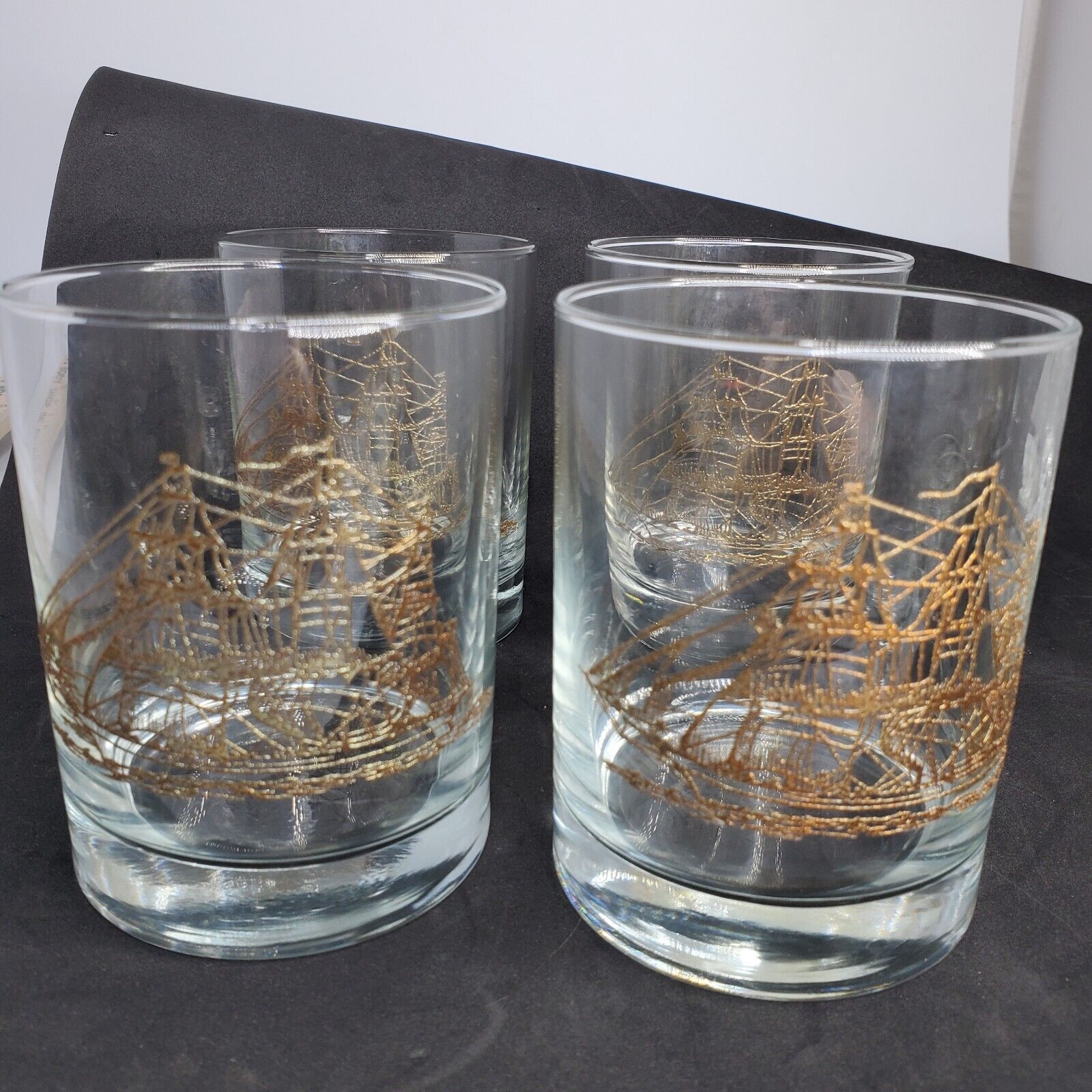 Set 4 Vintage Culver Gold Embossed Clipper Ship Low Ball Glasses Old Fashioned