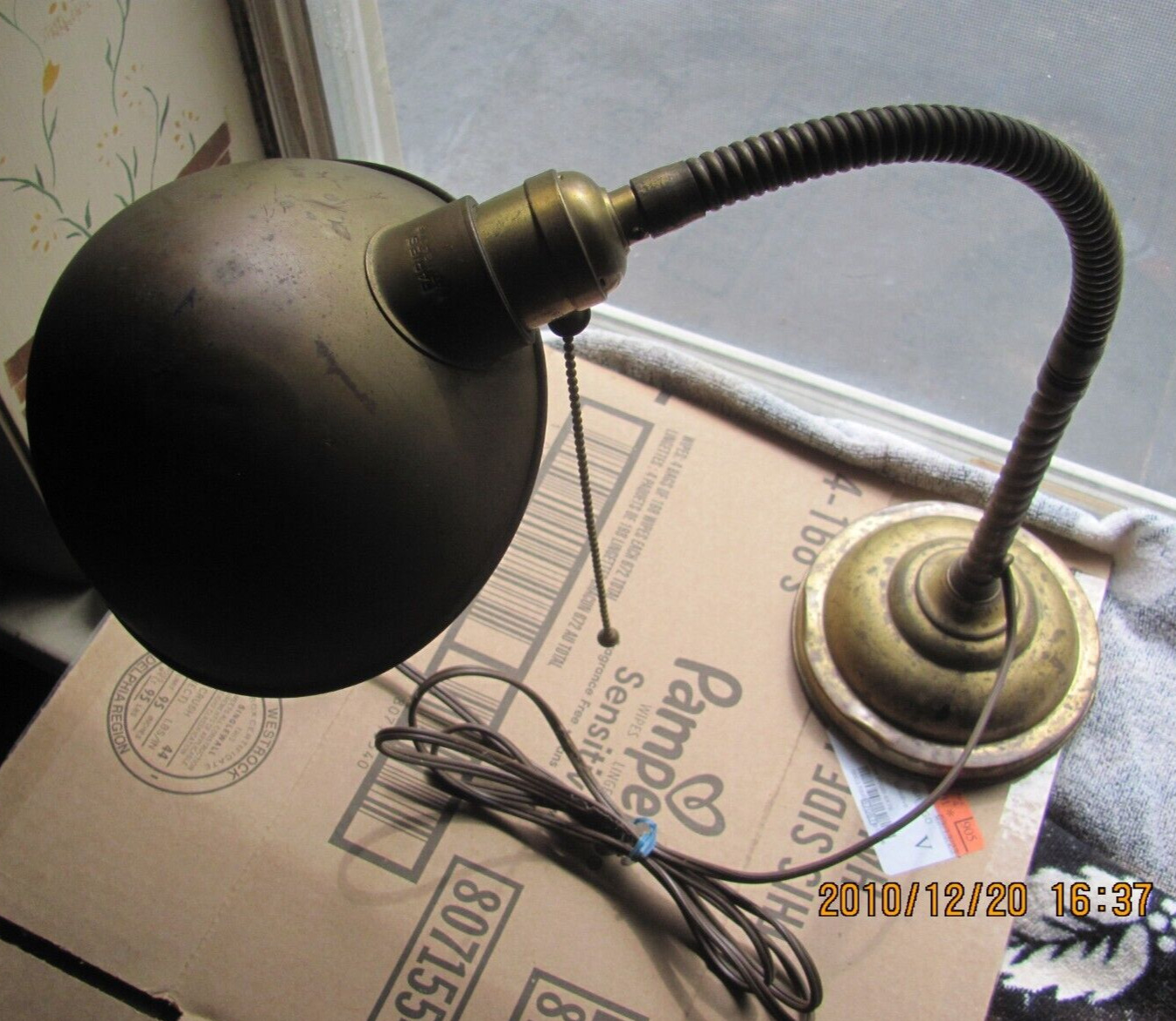 Antique Industrial Signed Faries Articulating Brass Desk Lamp and Shade 1920s