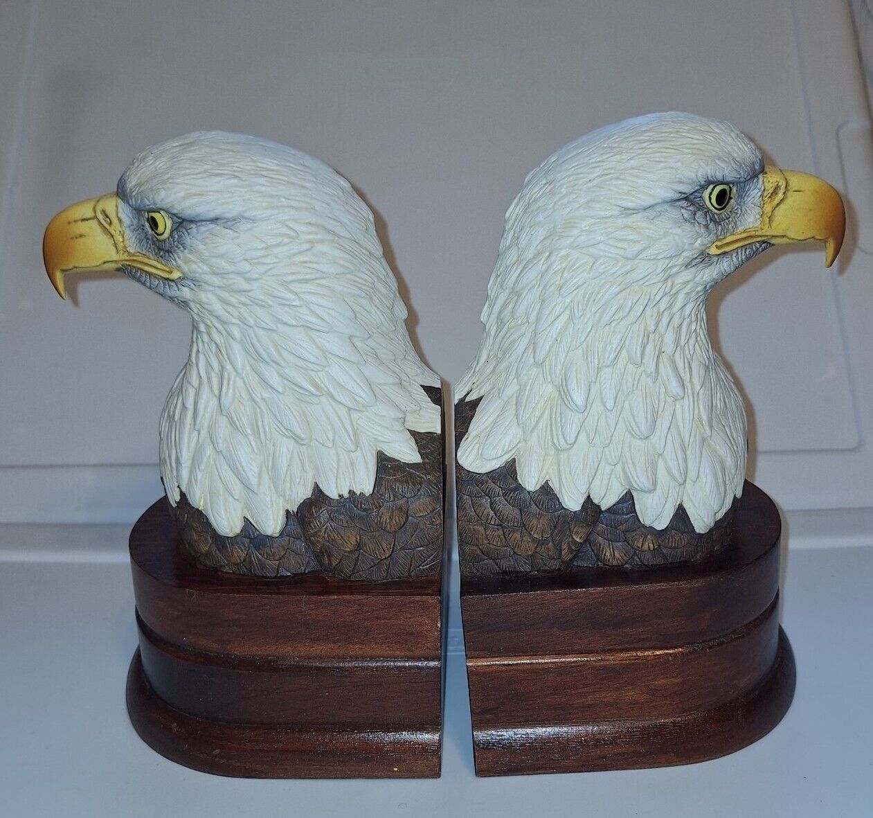 VTG Bisque Porcelain Bald Eagle Bust Bookends on Wood Bases By Andrea Sadek 