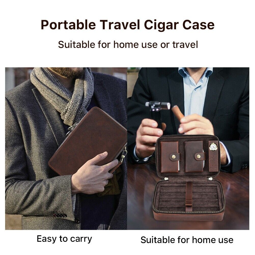 Luxury Handmade Leather Cigar Case 4 Slots Humidor Box Cutter/Lighter Holder