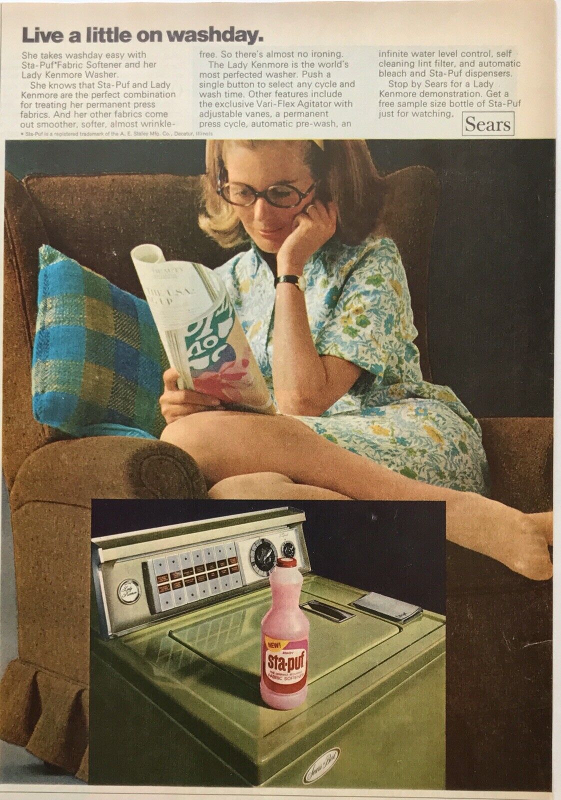 1968 Vintage Sears Lady Kenmore Washer - Orig. Color Print Ad 10” x 13-1/4” LHJ