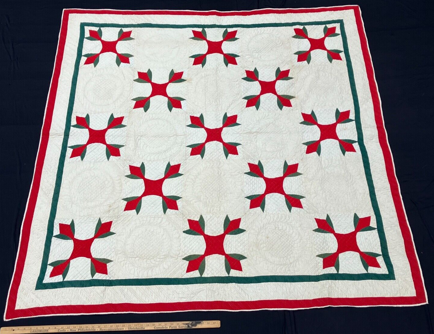 Antique 1880s Tulips Applique Quilt Red Green and White Vintage