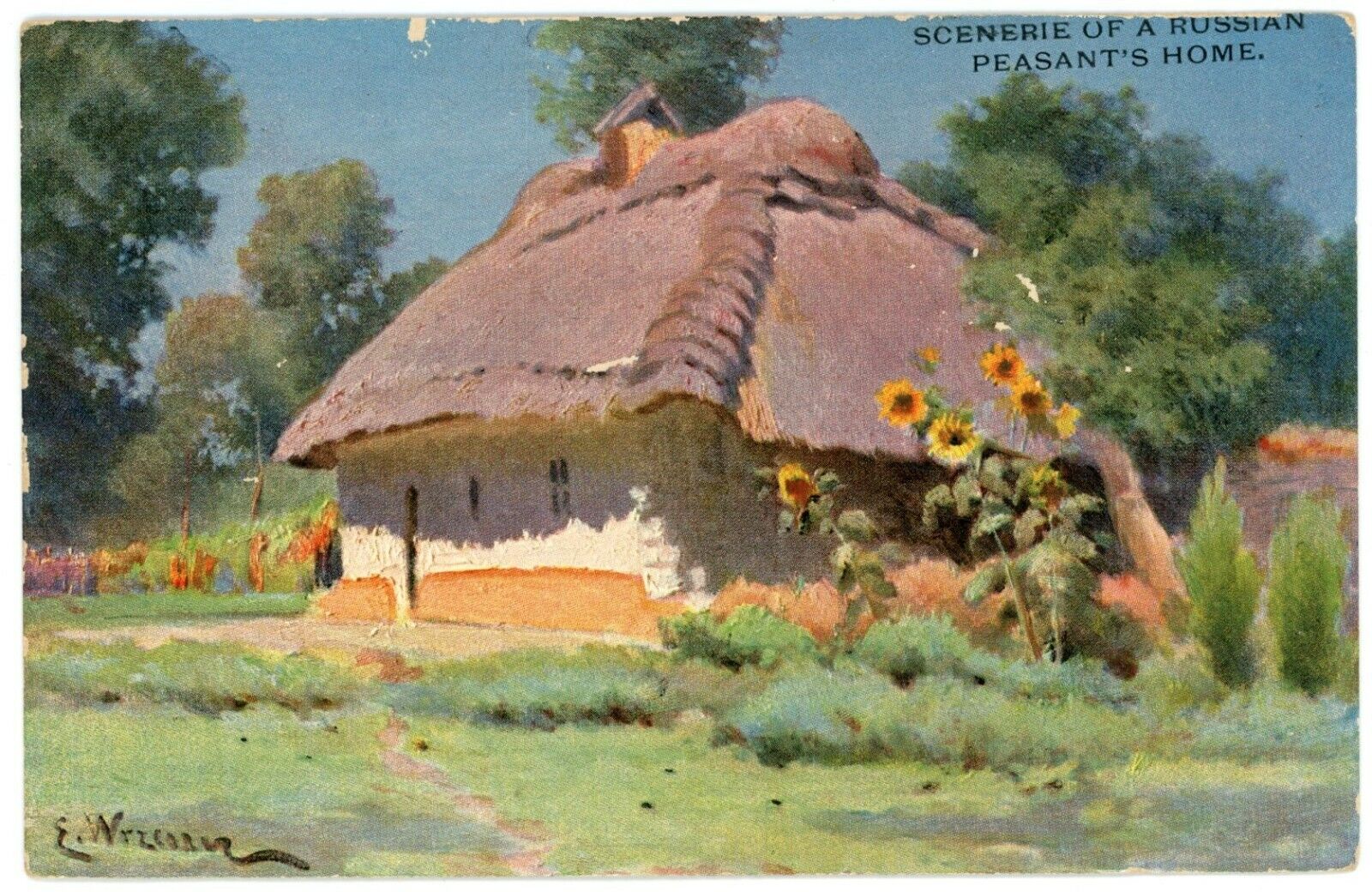 A Painting, A Humble Home Sunflowers Scenerie Of Russian Peasant\'s Home Postcard