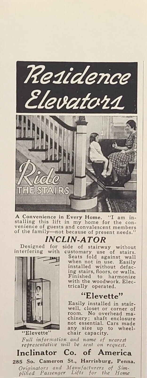 Residence Elevators Inclin-ator Elevette Harrisburg PA Vintage Print Ad 1940