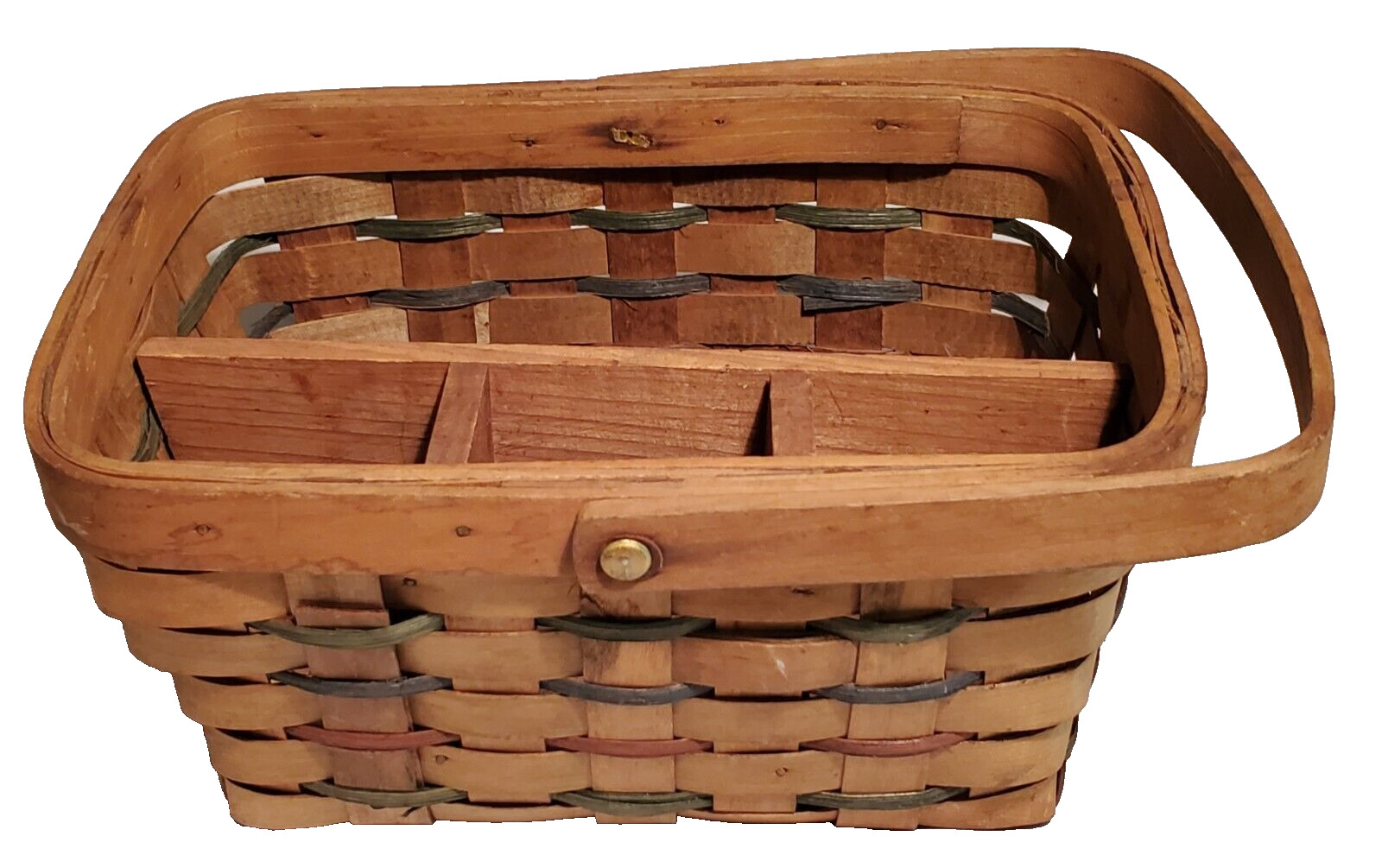 Vintage The Bishop Hill Collection Woven Wood Divided Utensil Handled Basket