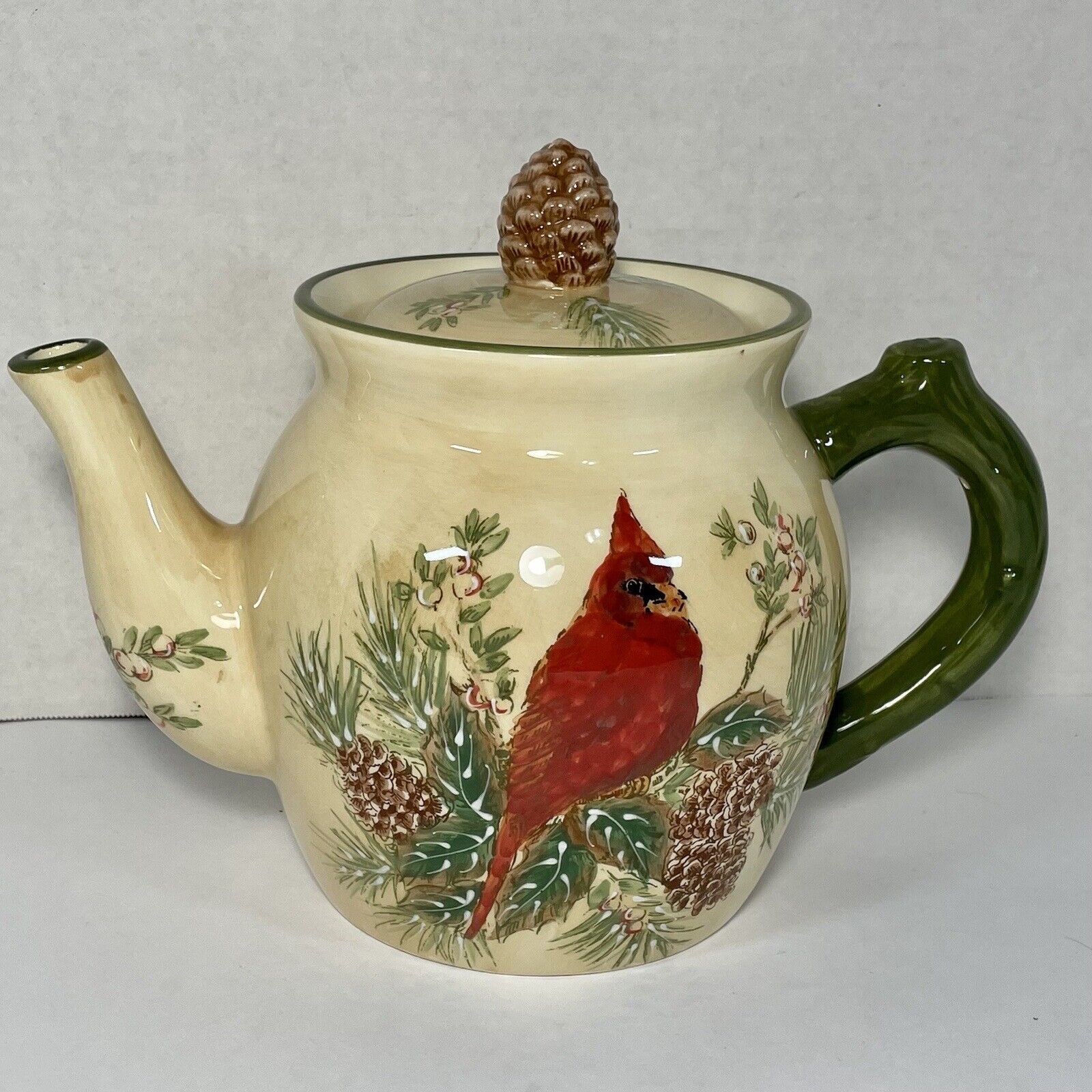 Pacific Rim Hand Painted Ceramic Teapot Cardinal and Pinecone Winter Holidays