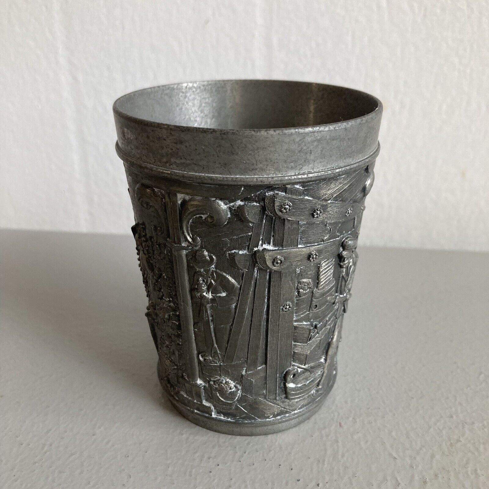 VTG Pewter German Cup Relief Scene Story Panels Ornate Heavy Made in Germany