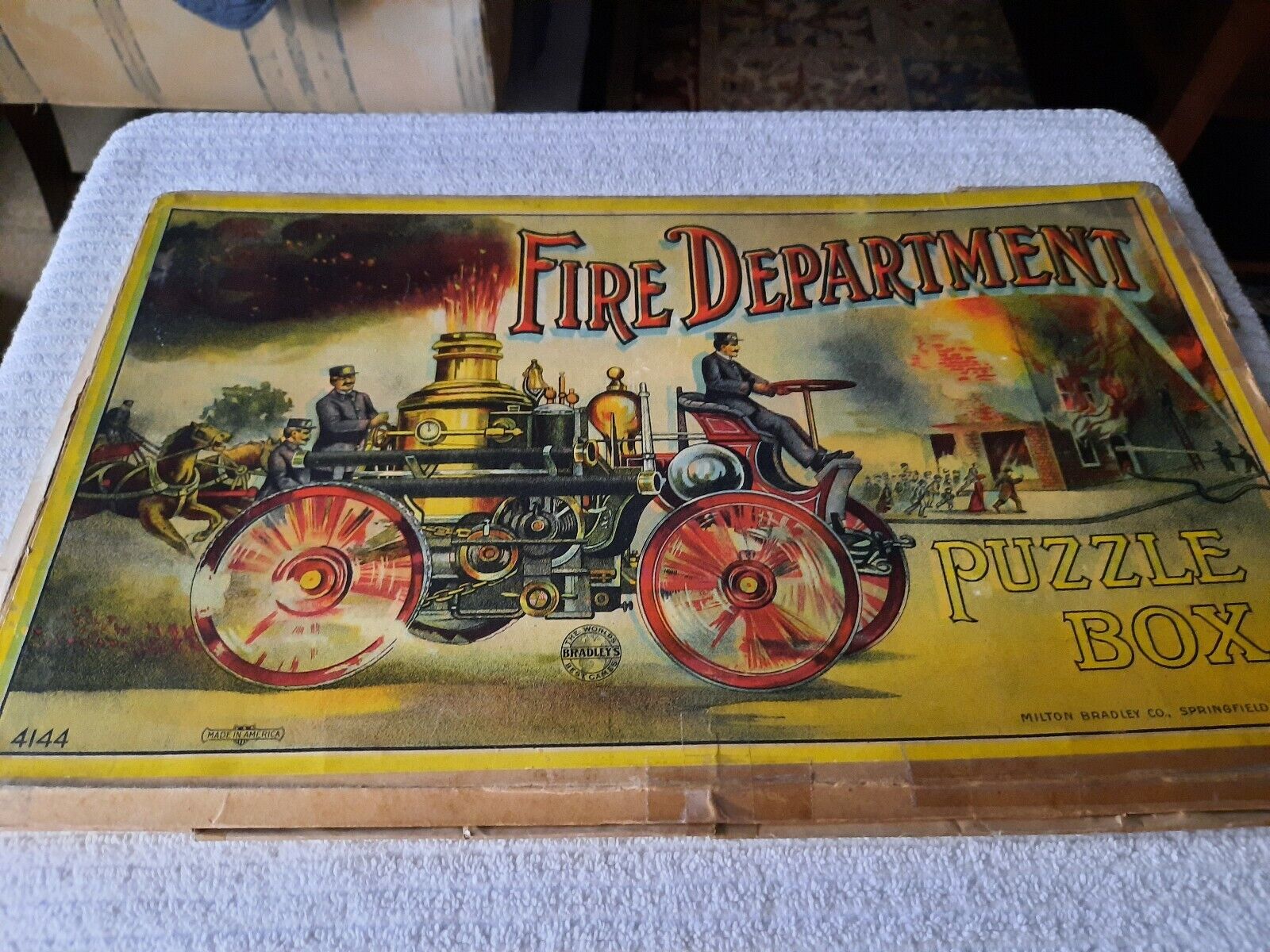 1890s Milton Bradley FIRE DEPARTMENT puzzle Three Puzzles in ORIGINAL BOX 