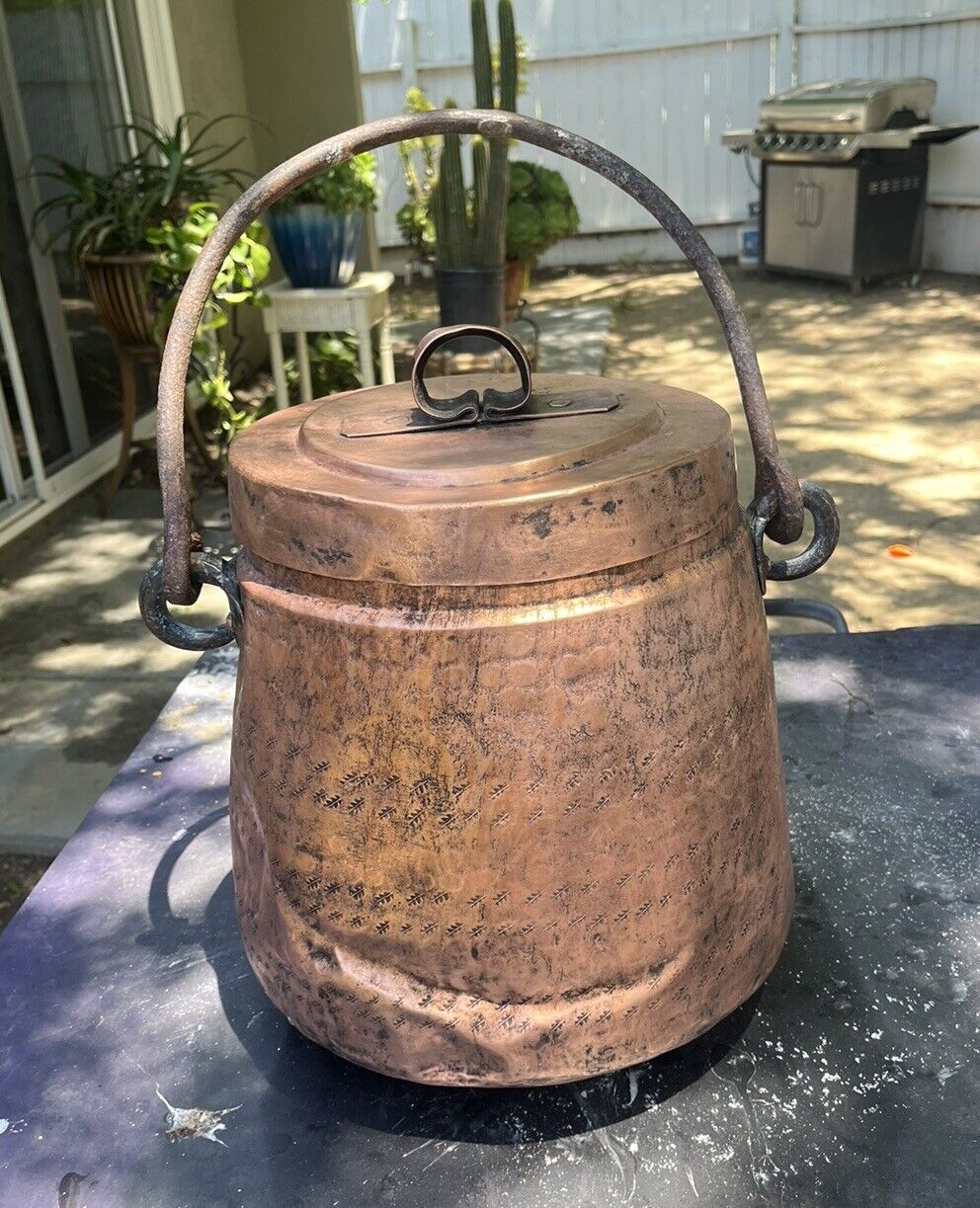 Antique Primitive Copper Pot Cauldron With Lid Cast Iron Handle 11 X 12”