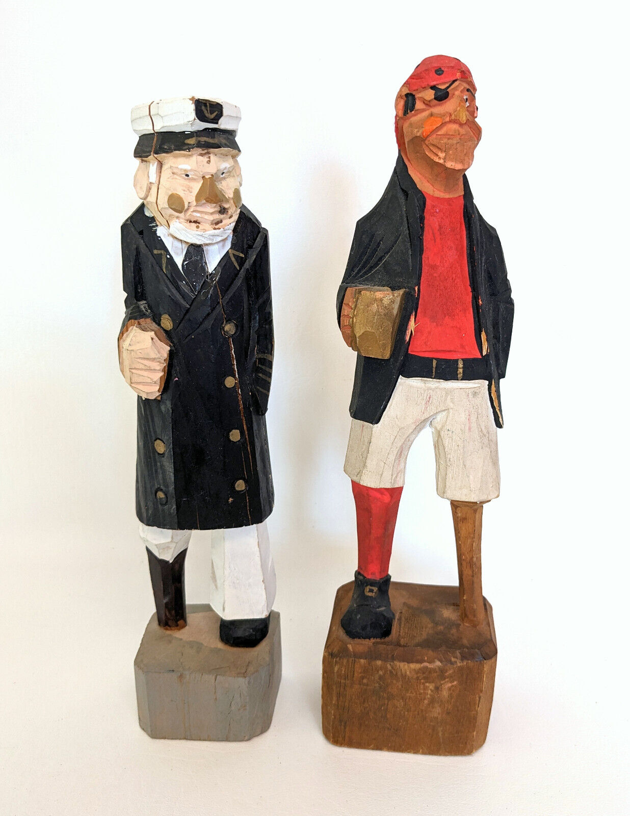 Pair of Large Vintage Painted Carved Wooden Old Salt Sailor & Pirate Figurines