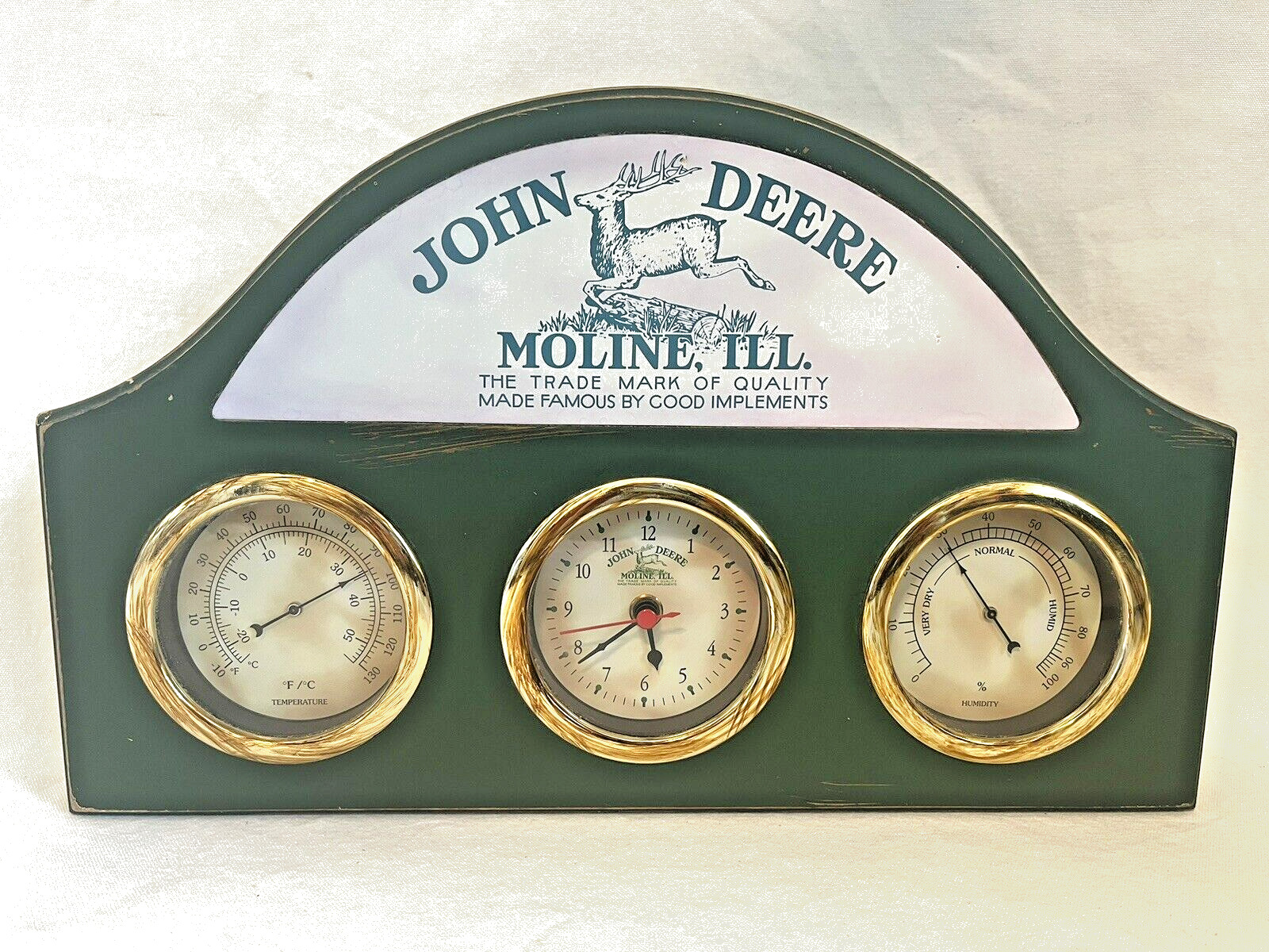 Vintage John Deere Wooden Clock, Thermometer, and Barometer Weather Station.