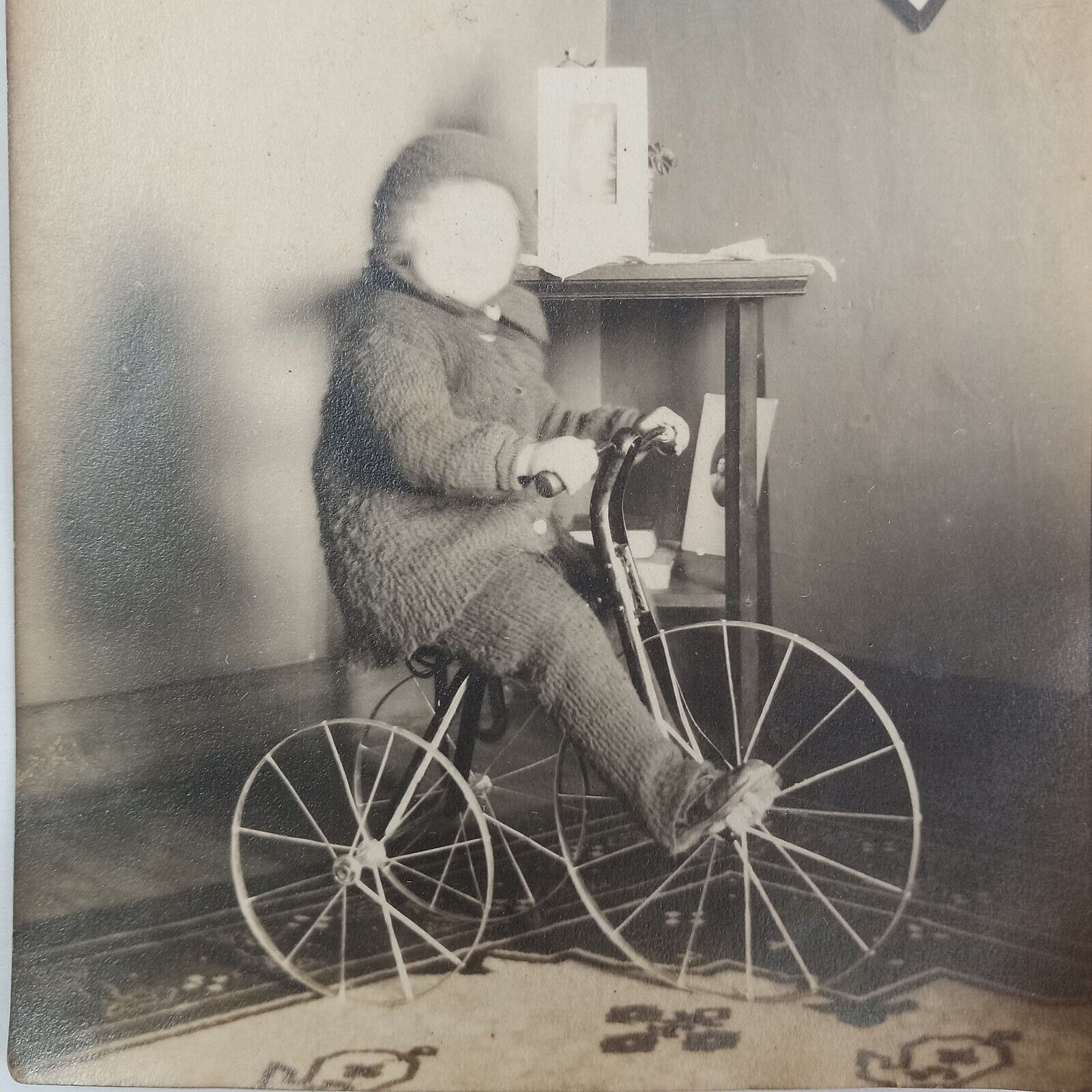 Vtg Photograph Faceless Blur Little Boy Tricycle Sweater Freaky Oddity Ghost