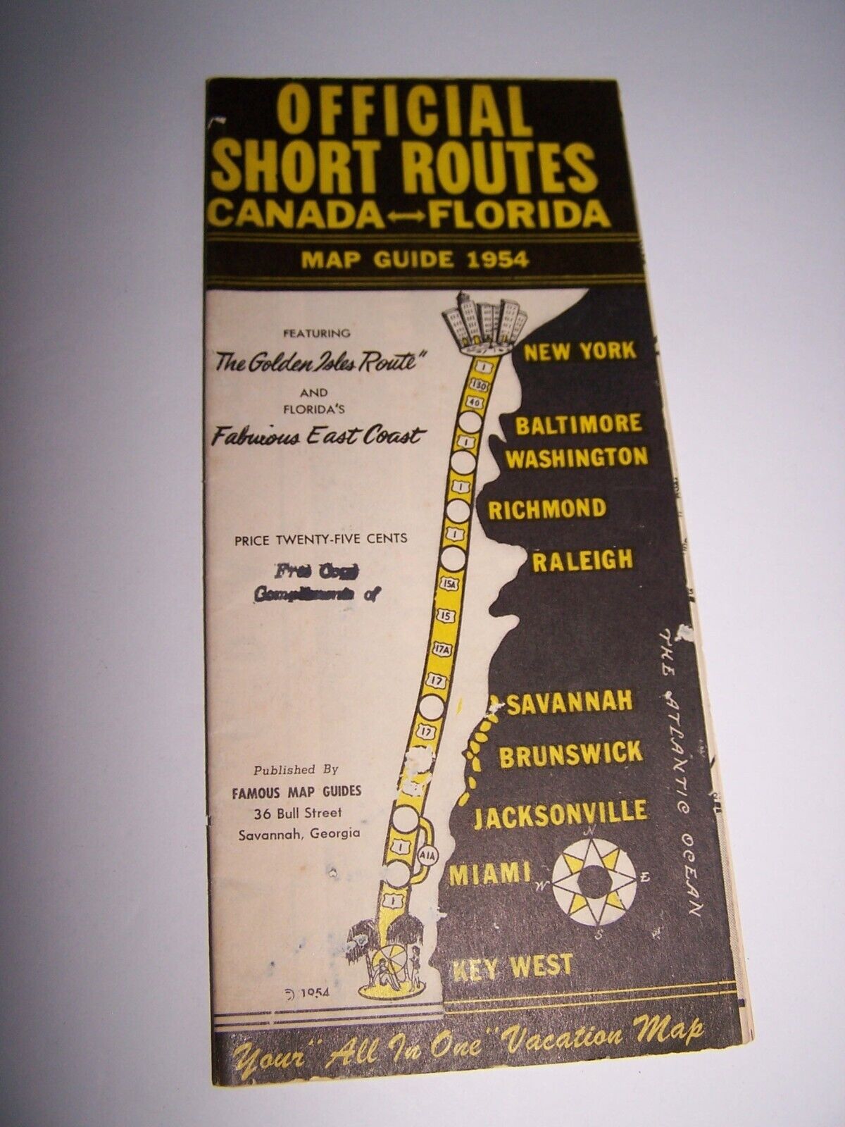 Vintage 1954 Official Short Routes Map Canada-Florida