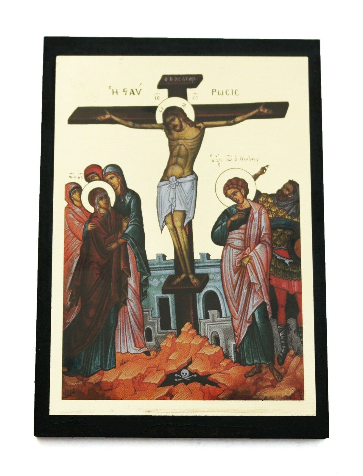 Greek Russian Orthodox Lithograph Wooden Icon Crucifixion of Christ 10x7cm
