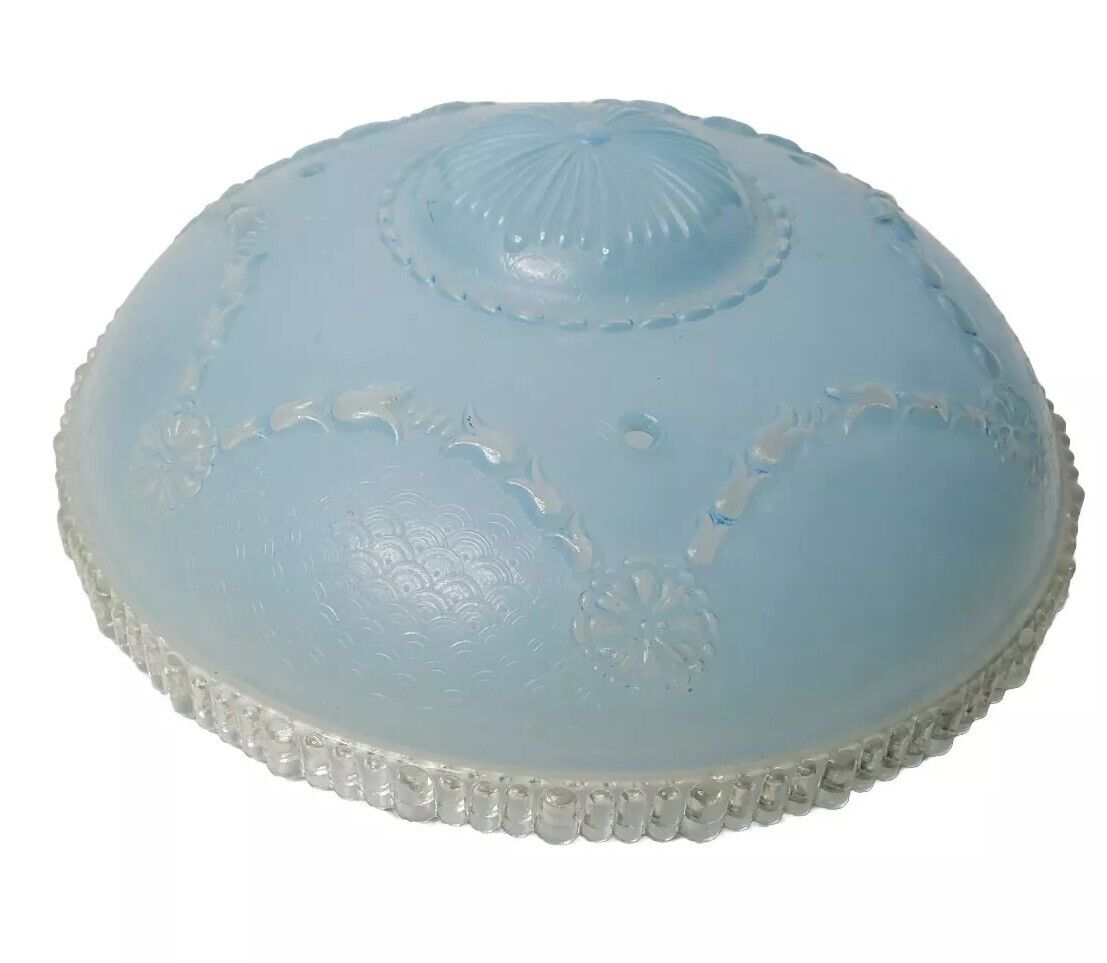 Vintage Glass Light Cover Blue Flower Scalloped Pattern Dome 3 Chain