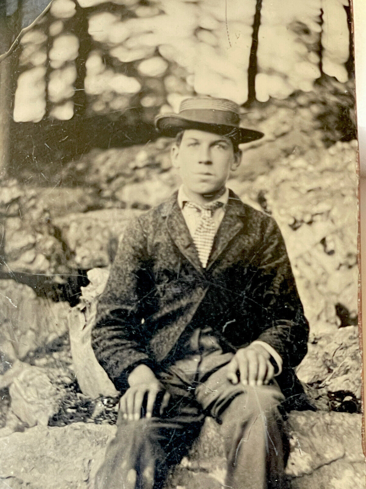 Interesting Outdoor Tintype Portrait Of A Handsome Man Seated In Nature