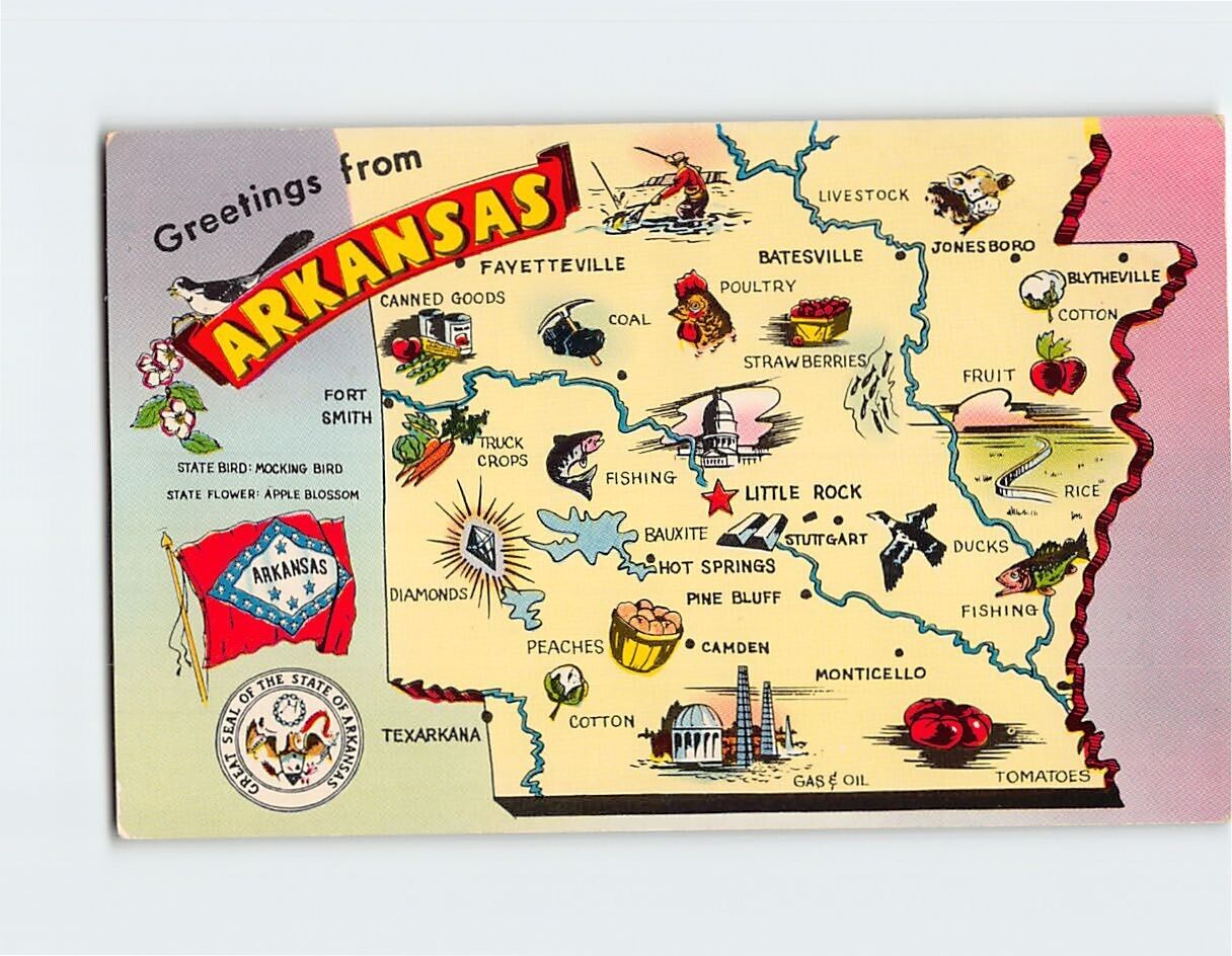 Postcard Greetings from Arkansas Map Nickname Bear State Arkansas USA