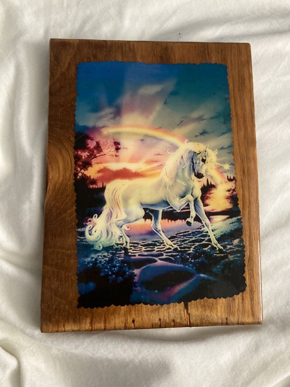 Vintage  80s Unicorn Wall Picture Wood Art Decor Lacquered 9”