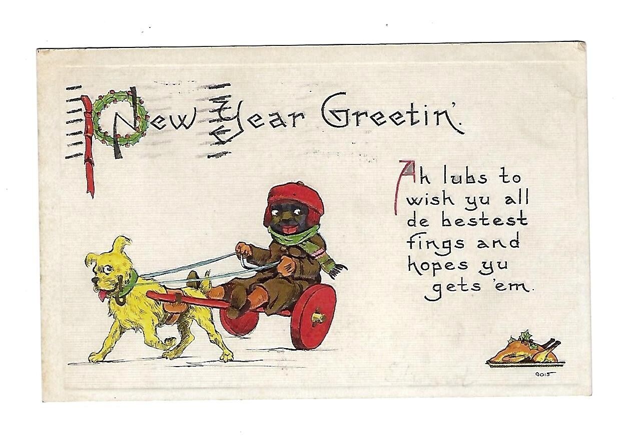 c1913 S.Bergman New Years Postcard Dog Pulling a Young Boy in Wheeled Cart