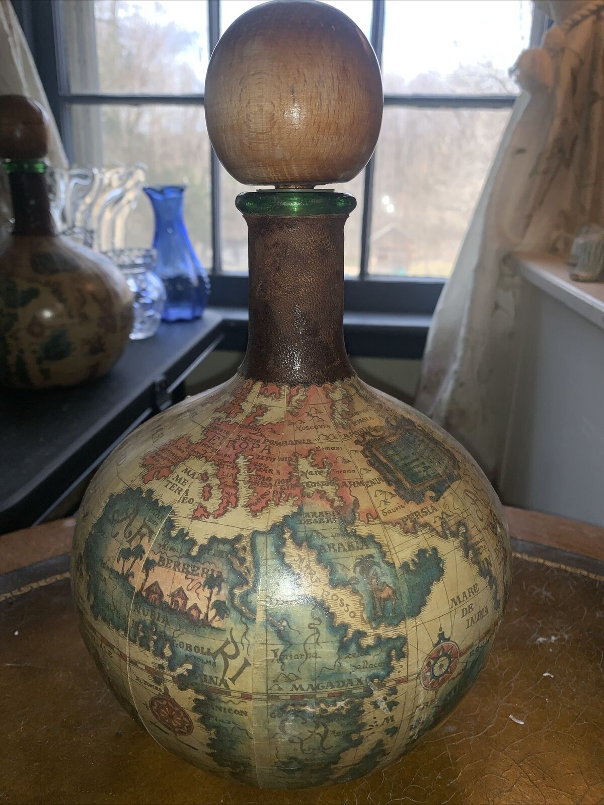 Vintage Antique Italian Wrapped Decanter Bottle Old World Map