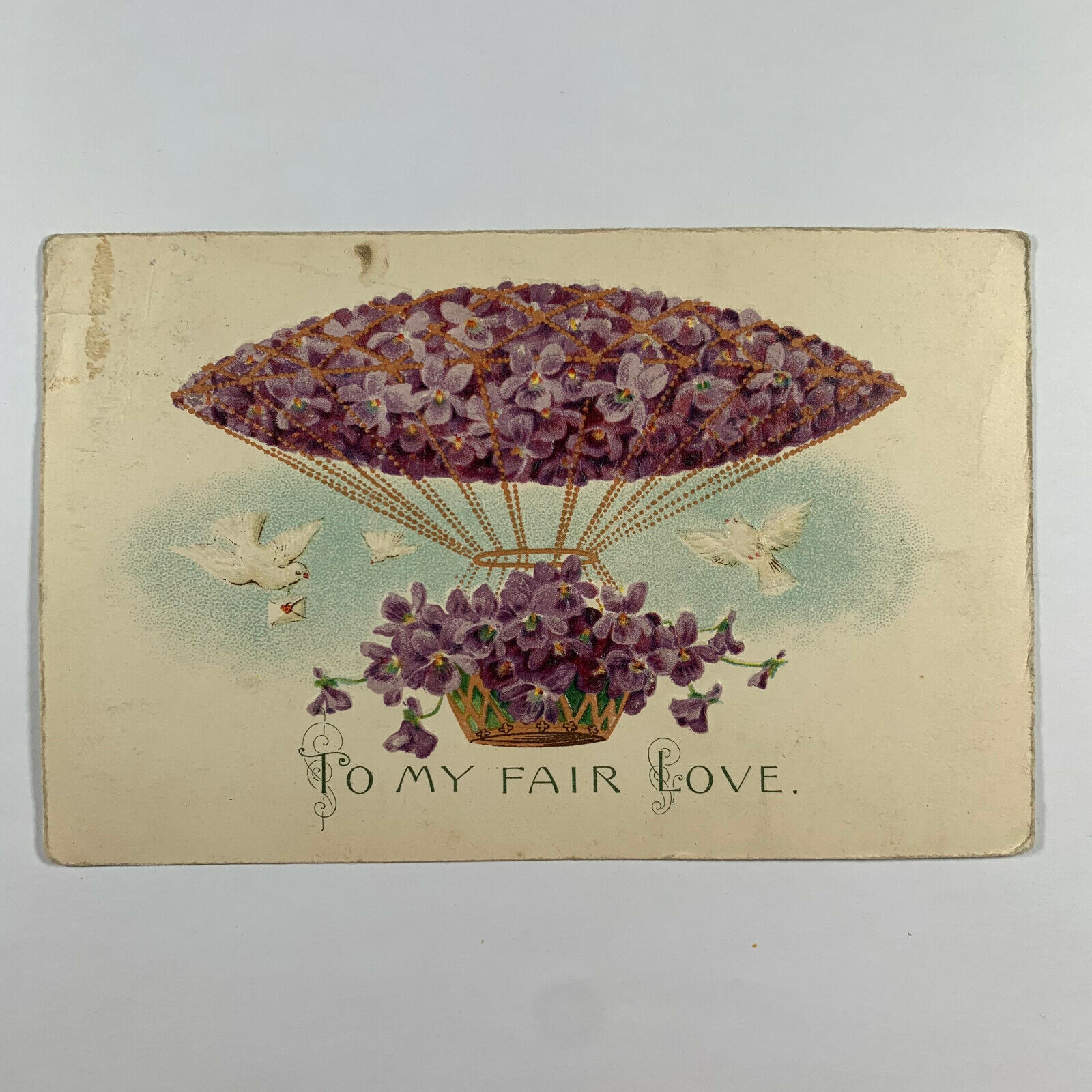 Postcard Hot Air Balloon Purple Pansy Flower Dove 1910s Sioux City Iowa