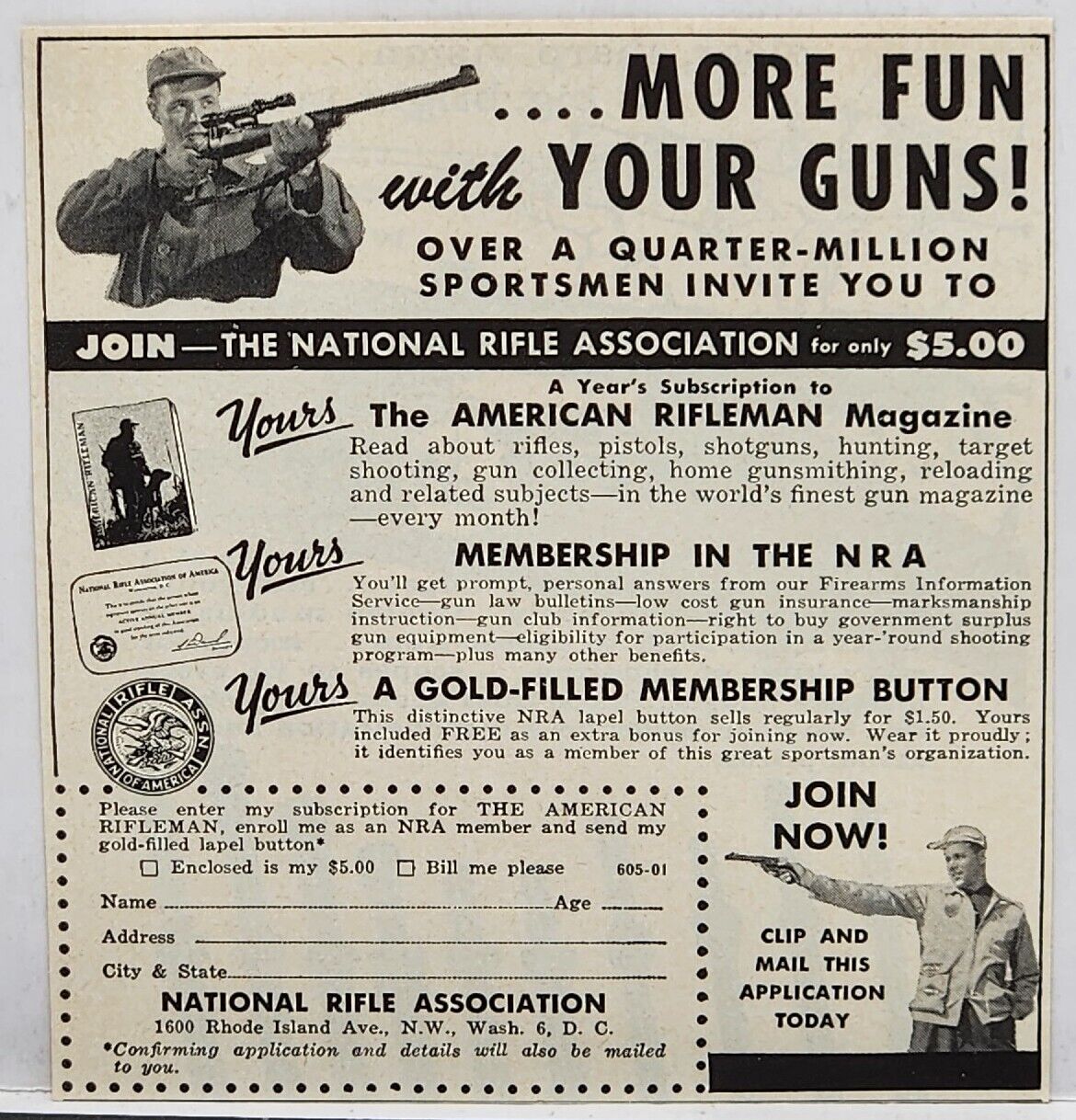 1959 NRA National Rifle Association Member Application Hunting Print Ad