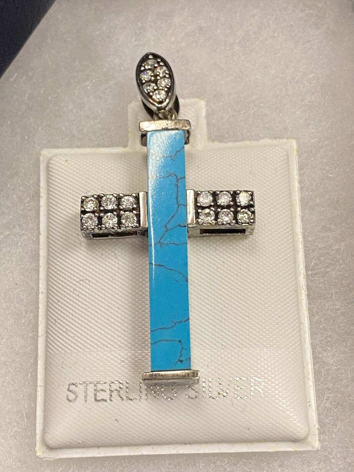 VINTAGE 925 STERLING SILVER  GENUINE TURQUOISE CZ STONES CROSS CHARM PENDANT NEW