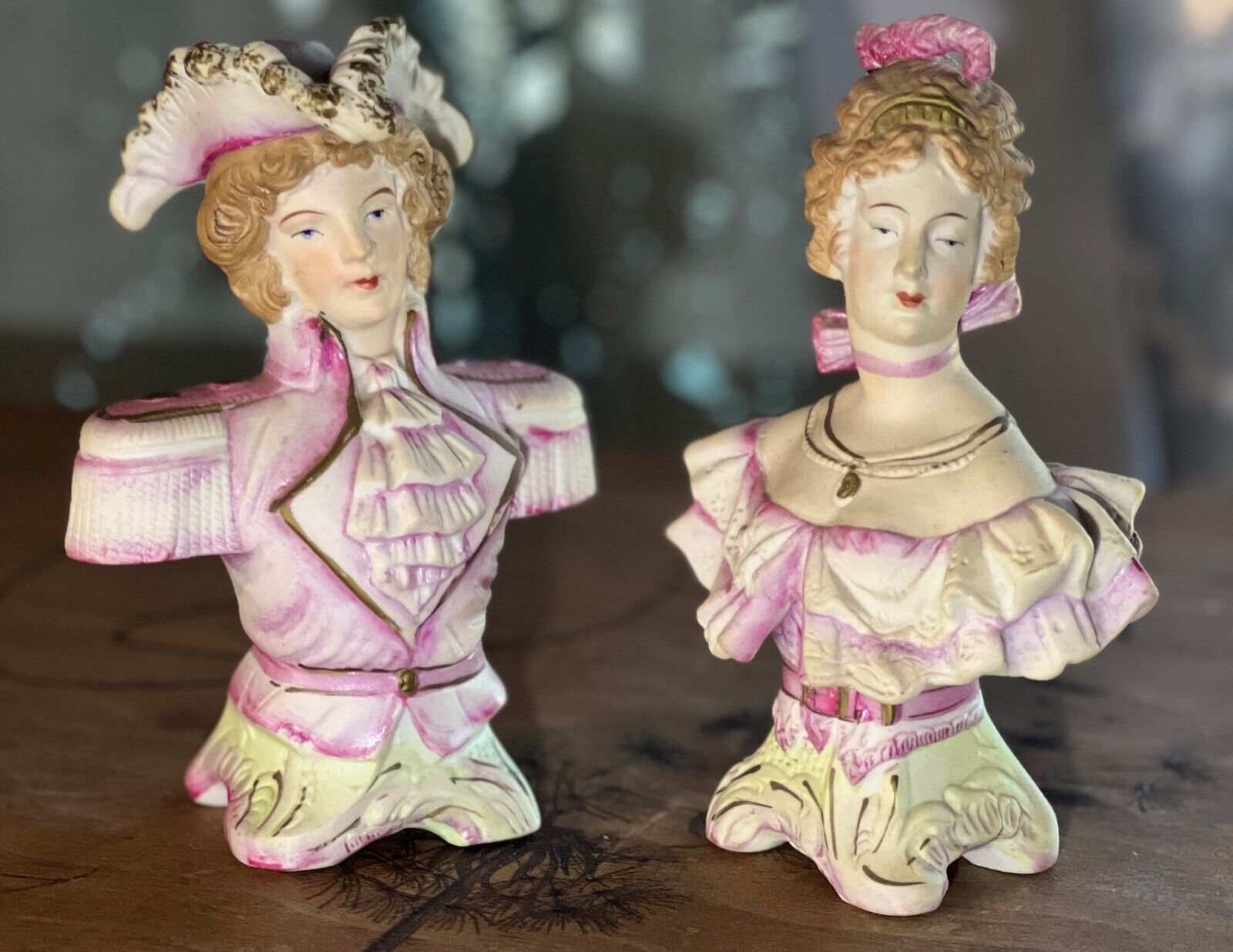 Vintage Bisque Victorian Lady and Gentleman Bust Statues Halsey Import Co. 1953