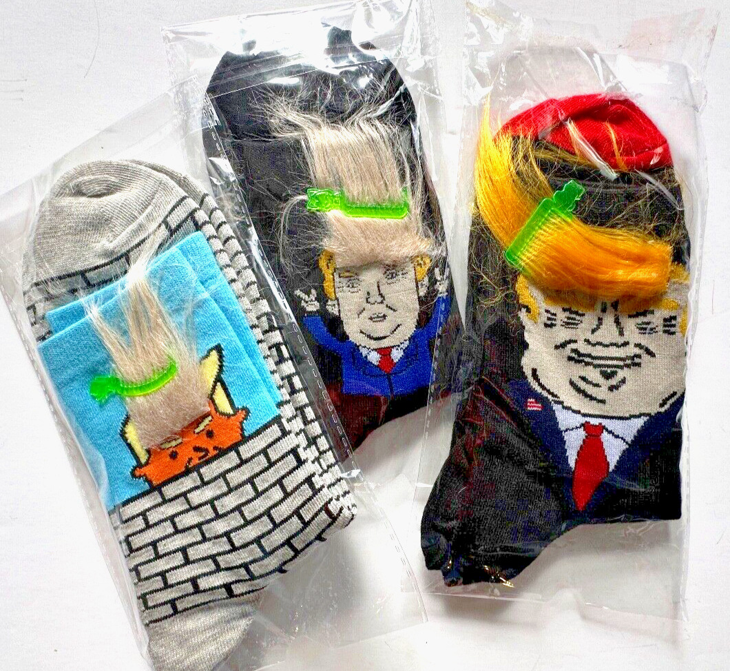 Lot 3 pairs TRUMP HAIR SOCKS Comb Tie collectible Crazy Hair Gag Spoof