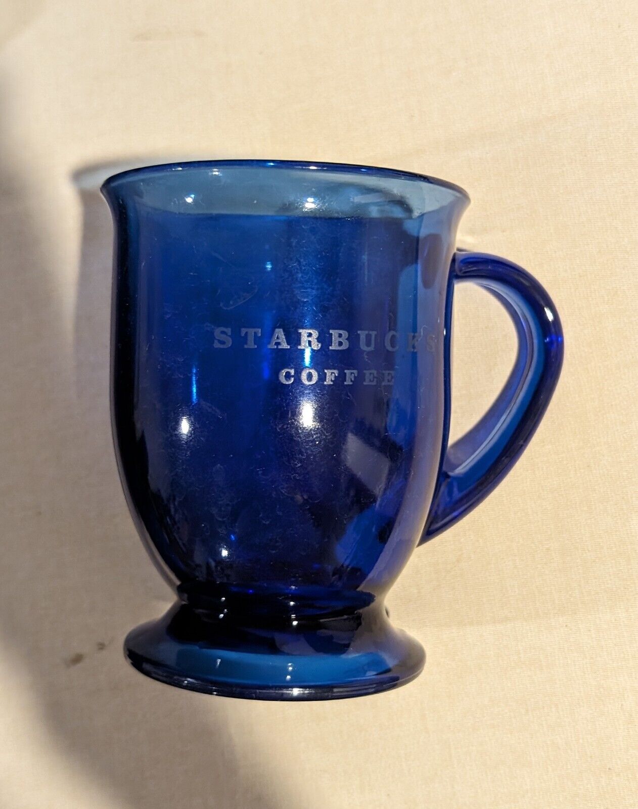 Starbucks Coffee Anchor Hocking Cobalt Blue Glass Mug Etched Block  Letters Vtg 