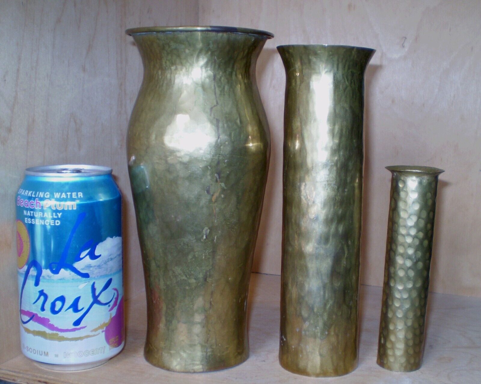 (3) Antique Russian Imperial Era Pre-1917 Tula Hammered Dovetailed Brass Vases