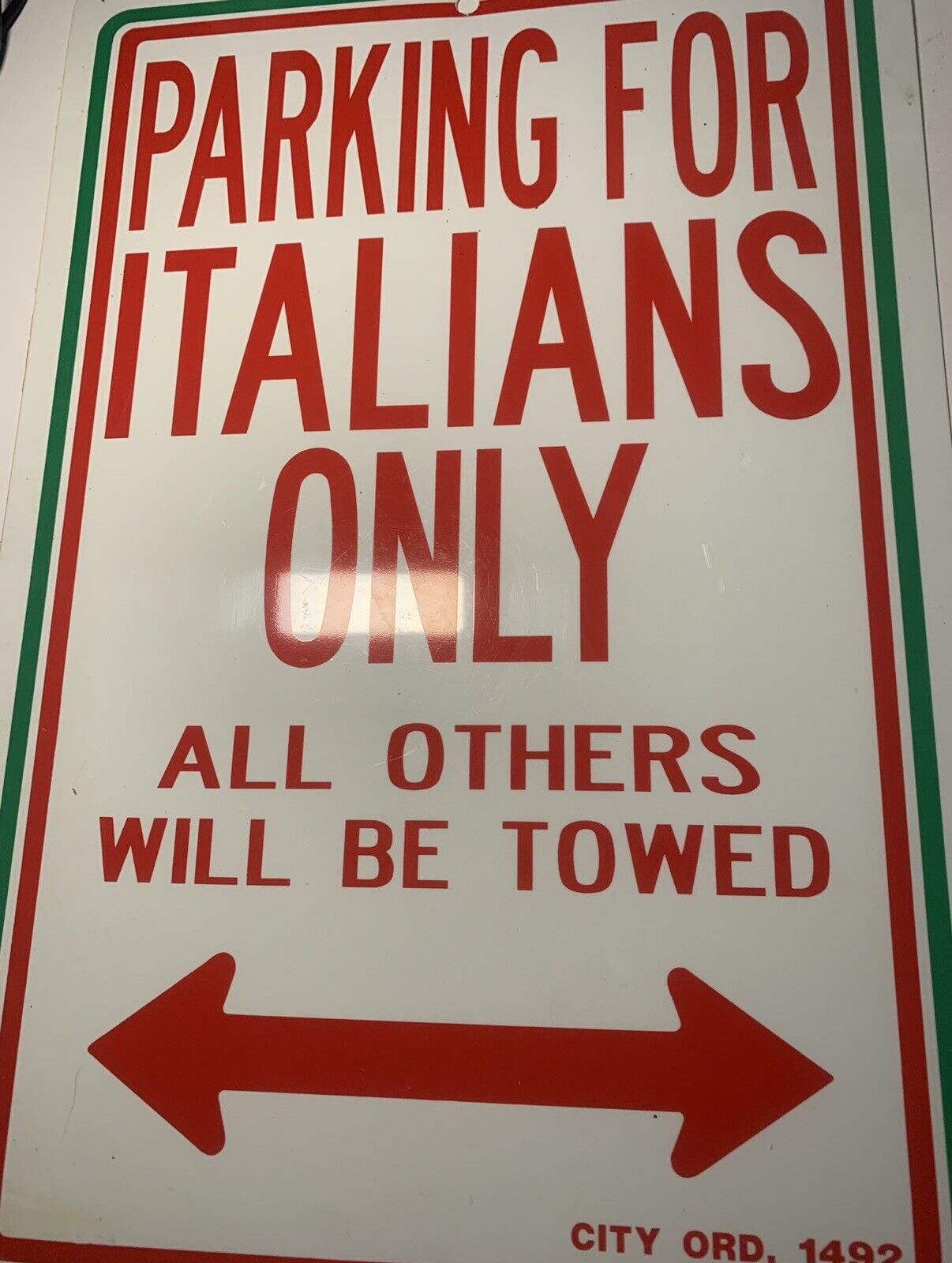 Vintage Parking For Italians Only Sign. Plastic. Some Wear.