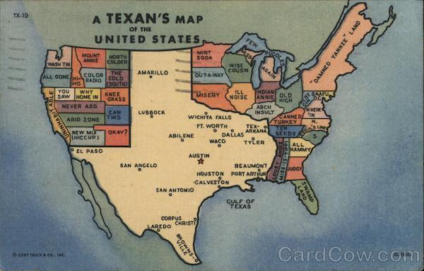 1954 A Texan\'s Map of the United States Teich Linen Postcard 1c stamp Vintage