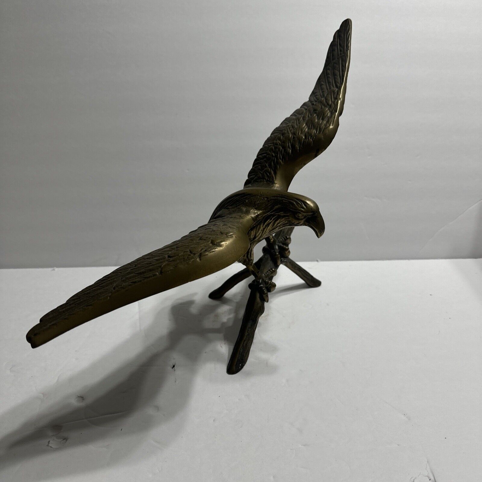 Vintage Large Solid Brass Eagle Bird On Wood Style Branch Statue