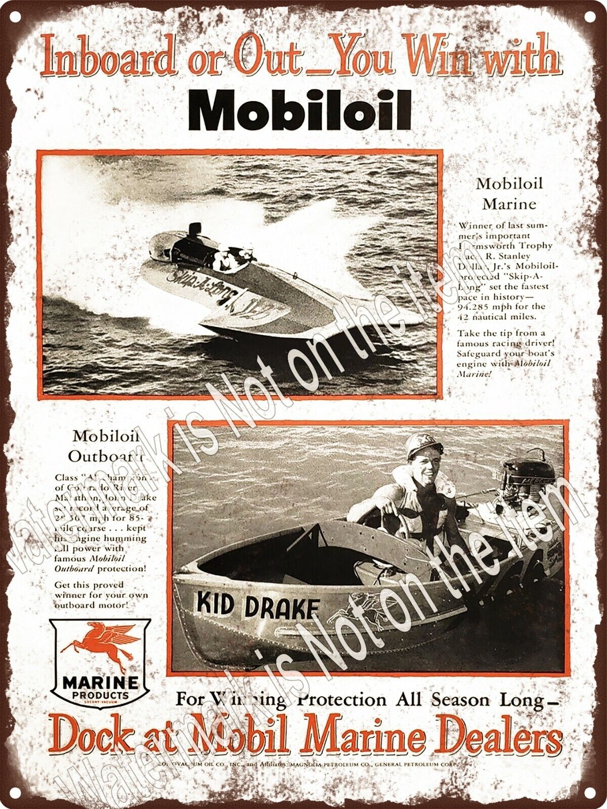 1950 Mobiloil Marine Skip-A-Long Hydroplane Race Outboard Metal Sign 9x12\