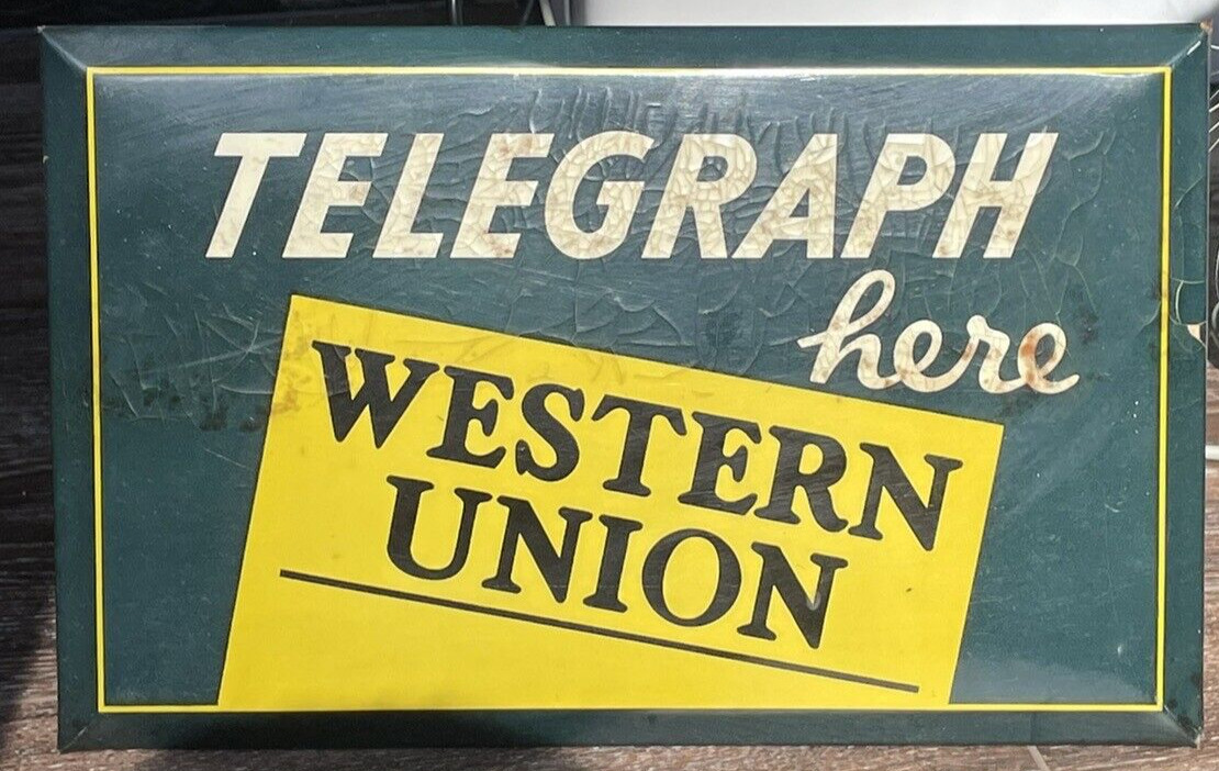 Vintage Genuine WESTERN UNION TELEGRAPH HERE SIGN Good Condition