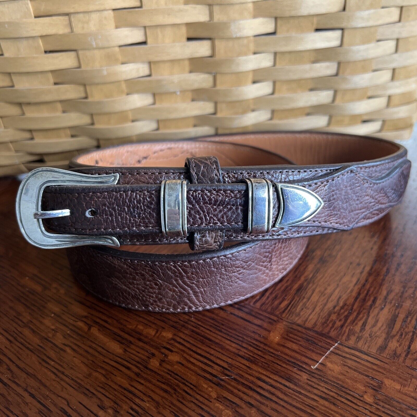 Vintage Brown Leather Belt & Chacon  Silver Buckle Men 38