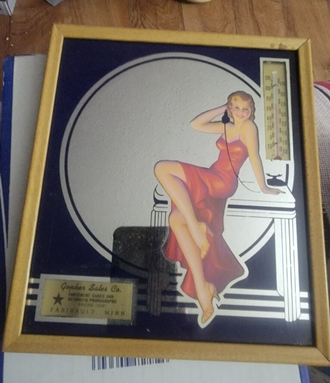 BEAUTIFUL 1941 WWII SWIMSUIT PIN UP ADVERTISING MIRROR W/ CALENDER THERMOMETER
