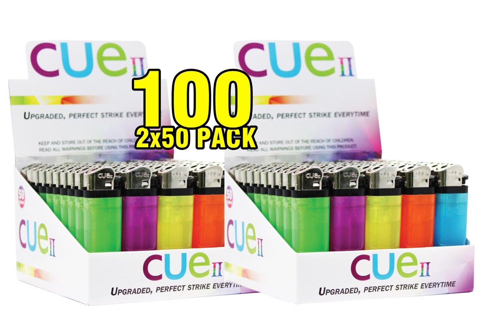 100 - 2x50 CUE II Classic Lighters, Assorted Colors, Regular Size, Long Lasting