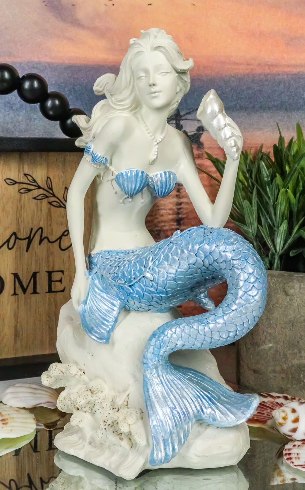 Ebros Ocean Goddess Pretty Mermaid With Blue Tail Holding Conch 8\