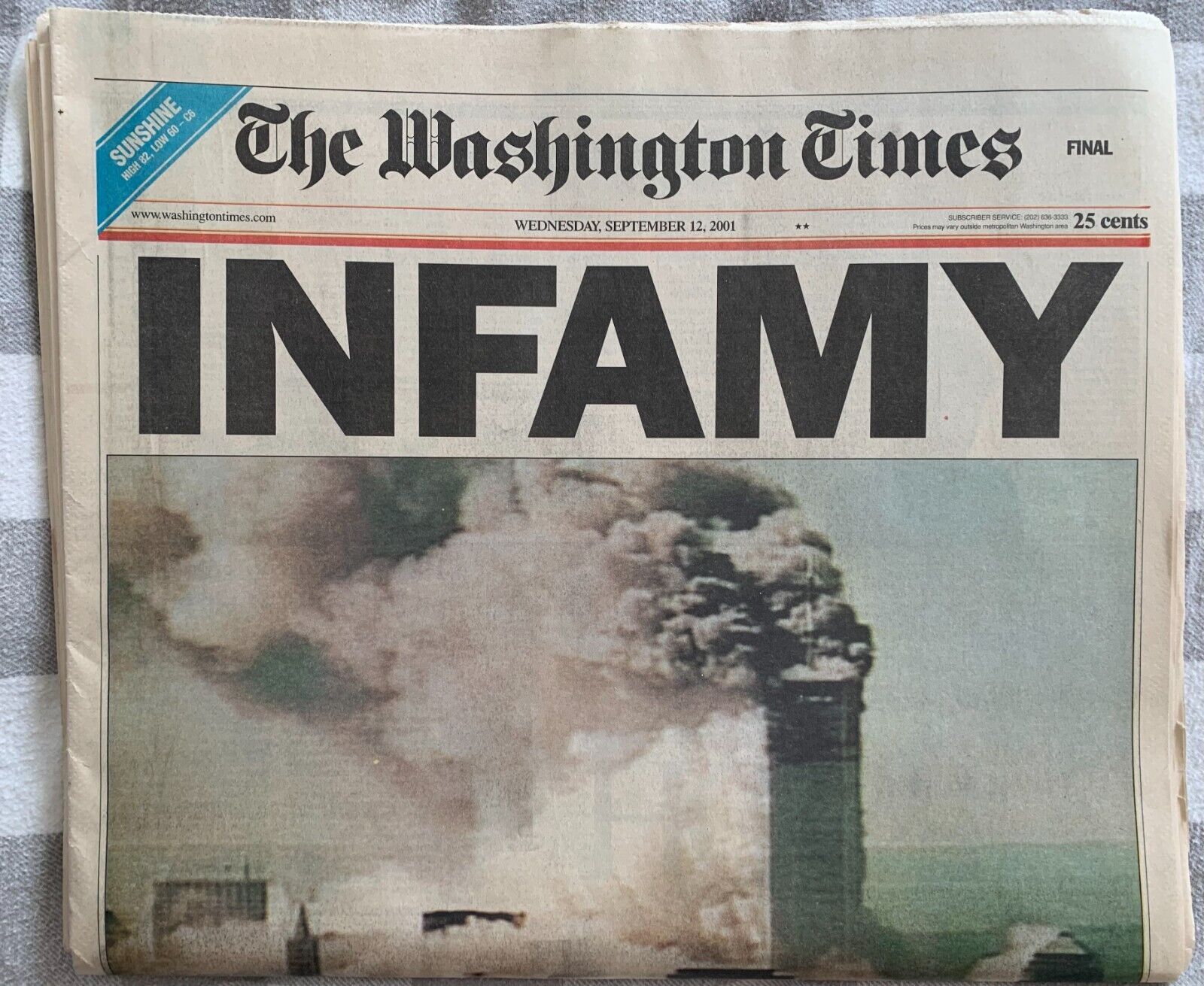 The Washington Times 9/12 dated issue 'INFAMY' 9/11 Newspaper w/protected Sleeve